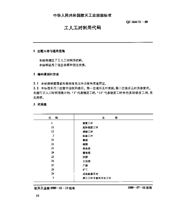 QJ 1644.11-1989 劳动工资系统数据元 工人工时利用代码
