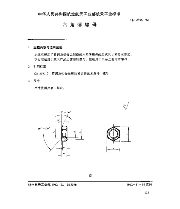 QJ 2395-1992 黄铜及铝合金螺纹紧固件 六角薄螺母