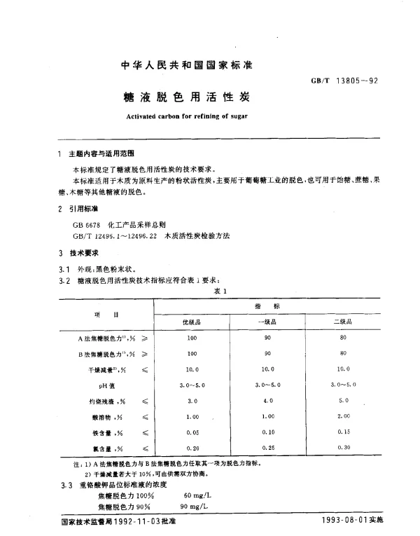 GBT 13805-1992 糖液脱色用活性炭