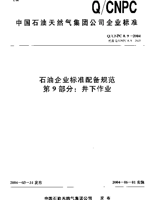 QCNPC 8.9-2004 石油企业标准配备规范 第9部分： 井下作业