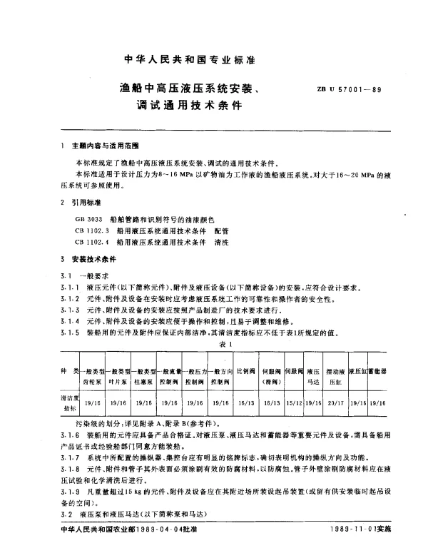 ZB U 57001-1989 渔船中高压液压系统安装调试通用技术条件