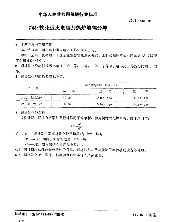JBT 5706-1991 铜材软化退火电阻加热炉 能耗分等