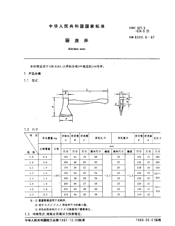 GB 8389.8-1987 厨房斧