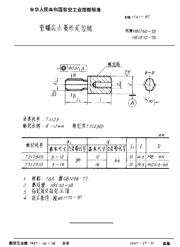 HB 1741-1987 盲螺孔小菱形定位销