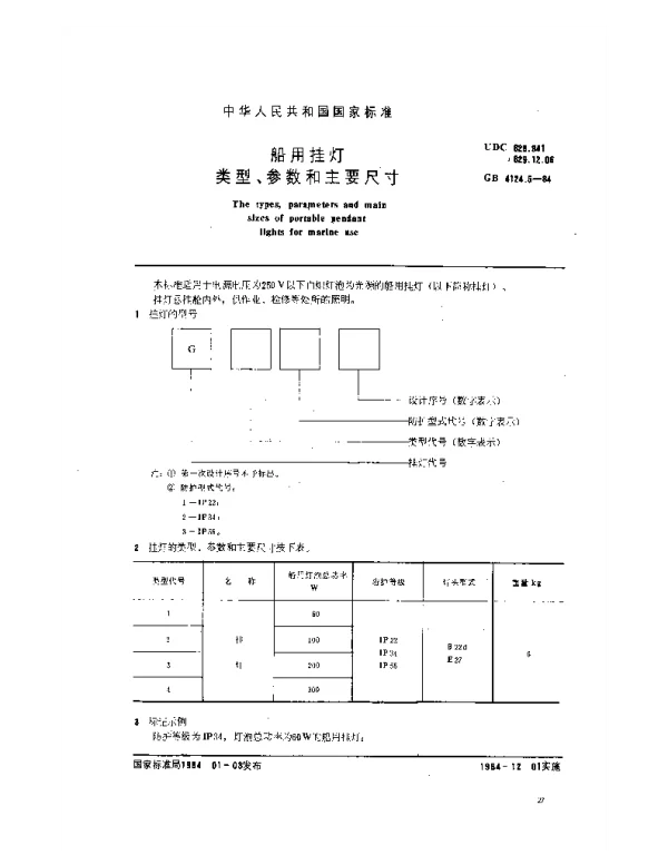 GB 4124.5-1984 船用挂灯类型、参数和主要尺寸