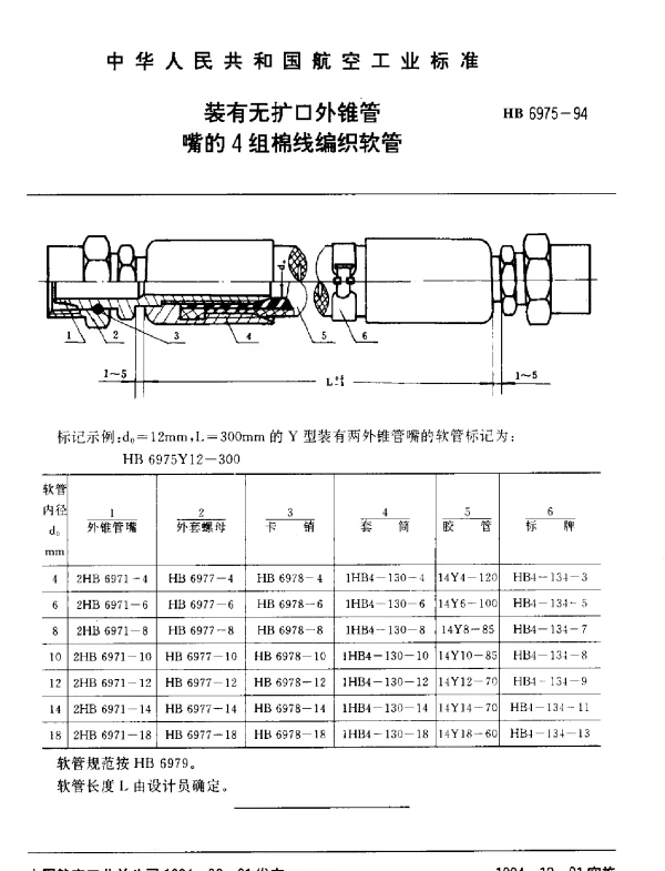 HB 6975-1994 装有无扩口外锥管.嘴的4组棉线编织软管