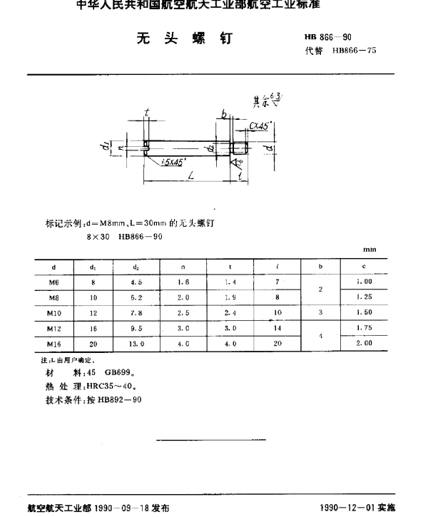 HB 866-1990 无头螺钉