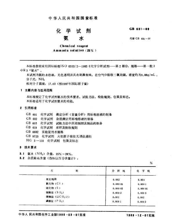 GB 631-1989 化学试剂 氨水