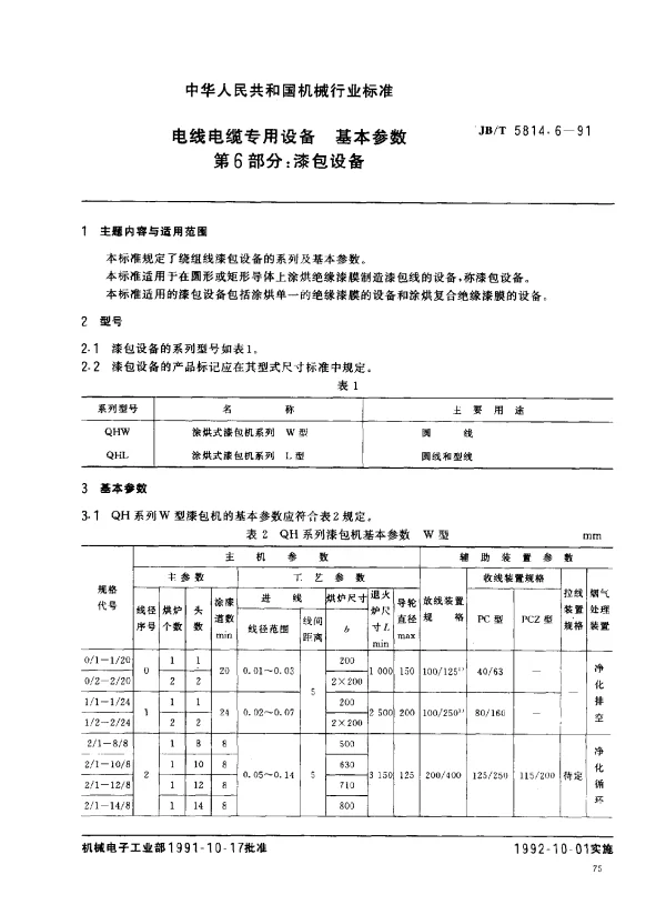 JBT 5814.6-1991 电线电缆专用设备 基本参数 第6部分： 涤包设备