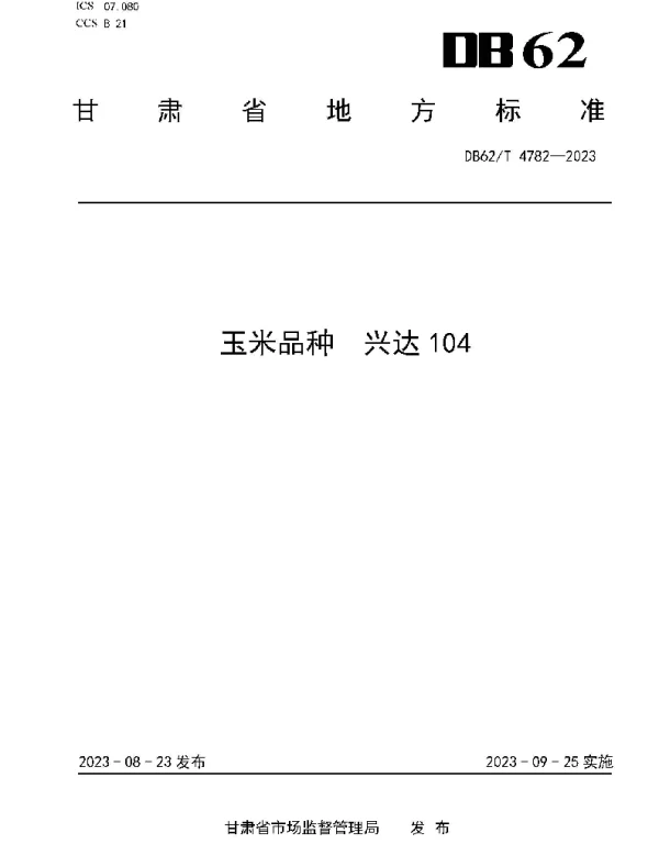 DB62T 4782-2023 玉米品种 兴达104