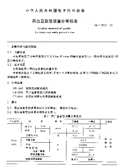 SJT 9557-1993 黑白显象管质量分等标准