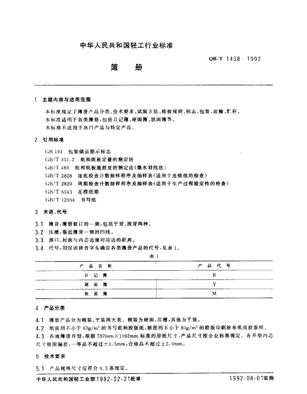 QBT 1438-1992 簿册