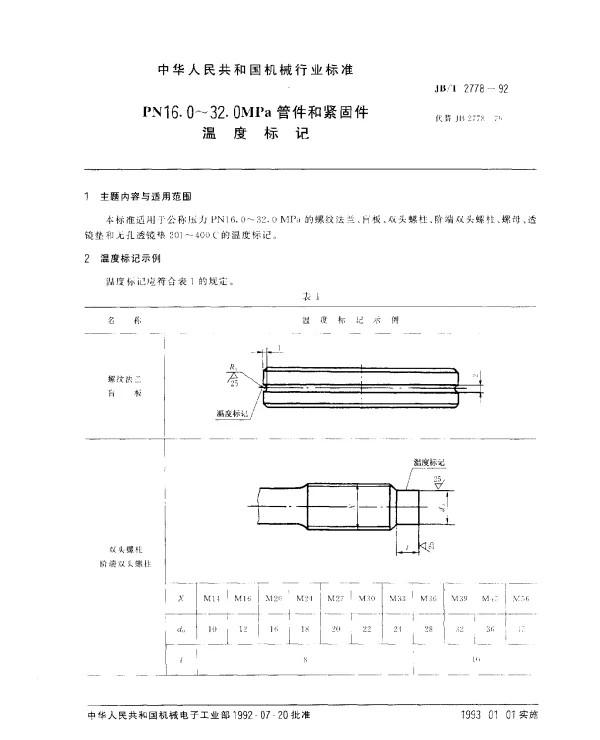JBT 2778-1992 PN16.0~32.0MPa管件和紧固件温度标记