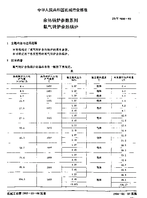 JBT 7090-1993 余热锅炉参数系列 氧气转炉余热锅炉