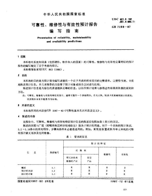 GB 7289-1987 可靠性、维修性与有效性预计报告编写指南