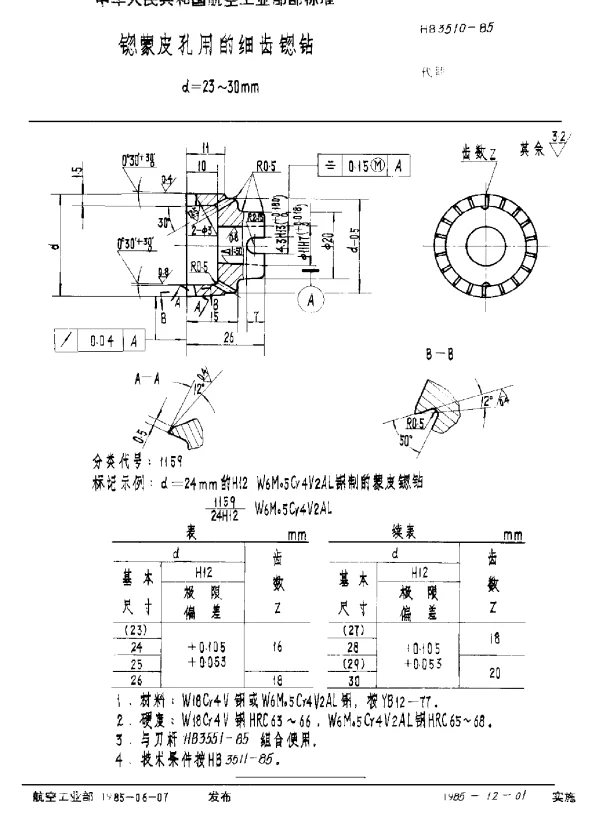 HB 3510-1985 锪蒙皮孔用的细齿锪钻 d=23~30mm