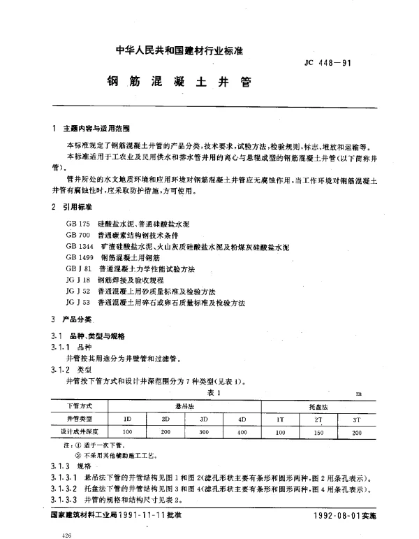 JC 448-1991 钢筋混凝土井管