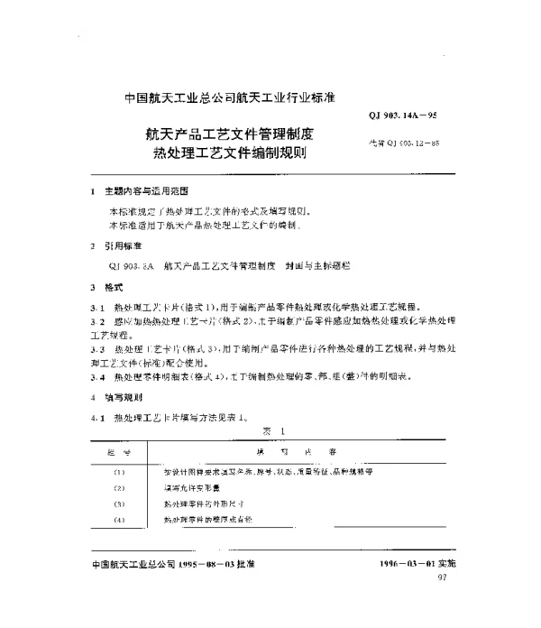 QJ 903.14A-1995 航天产品工艺文件管理制度 热处理工艺文件编制规则