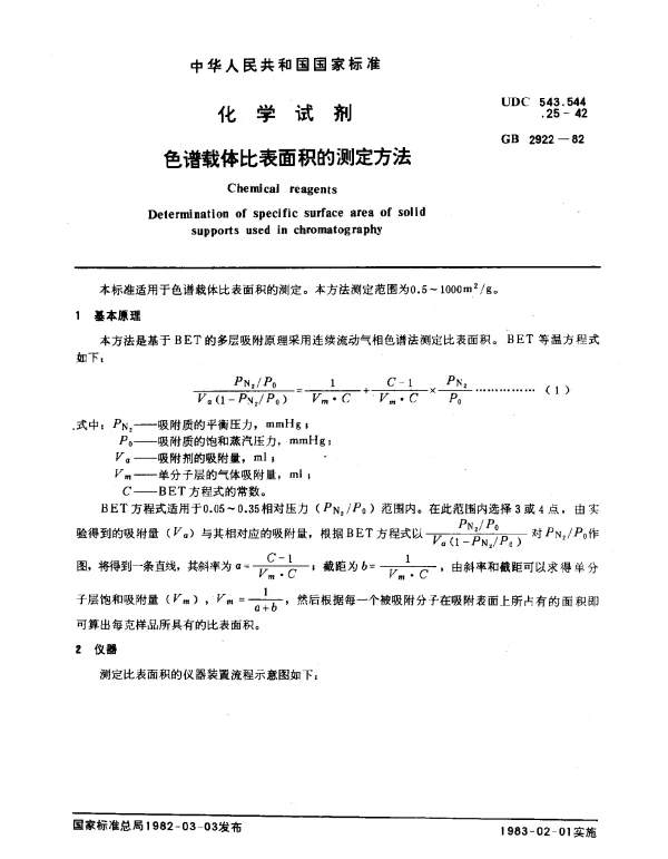 GB 2922-1982 化学试剂 色谱载体比表面积的测定方法
