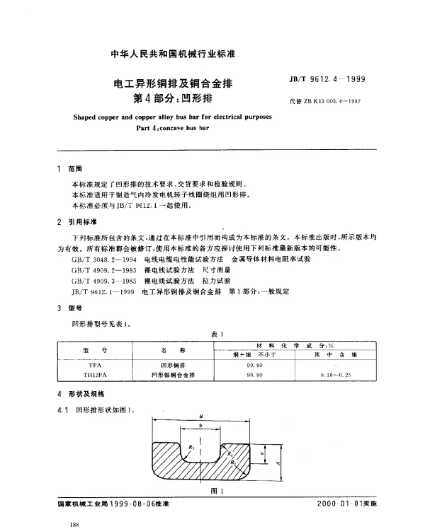 JBT 9612.4-1999 电工异型铜排及铜合金排.第4部分：凹形排