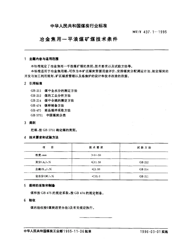 MTT 437.1-1995 冶金焦用一平浪煤矿煤技术条件