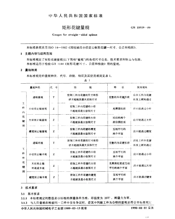 GB 10919-1989 矩形花键量规
