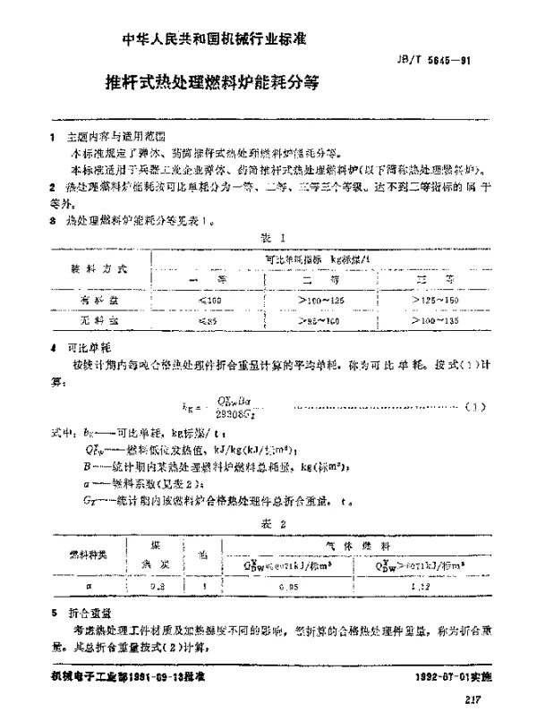 JBT 5645-1991 推杆式热处理燃料炉 能耗分等