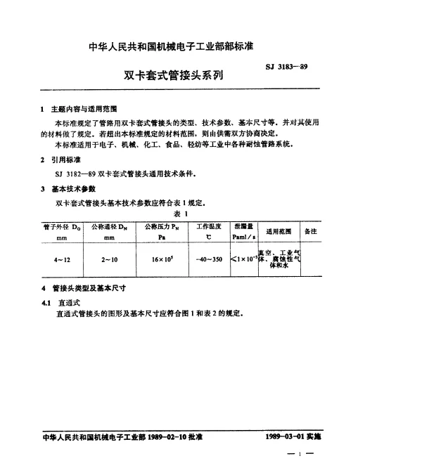 SJ 3183-1989 双卡套式管接头系列