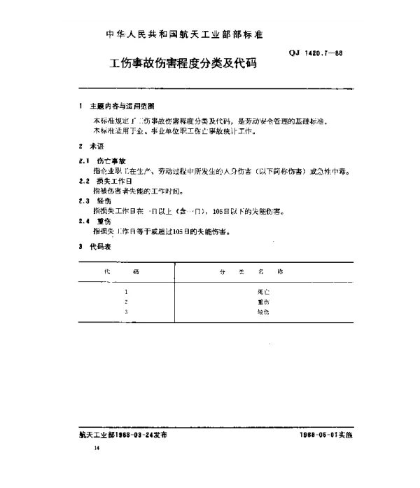 QJ 1420.7-1988 工伤事故分类及代码 工伤事故伤害程度分类及代码