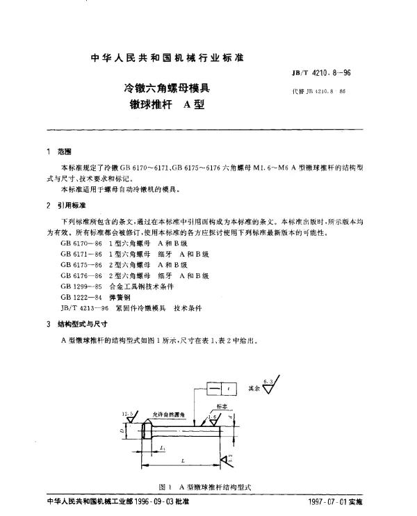 JBT 4210.8-1996 冷镦六角螺母模具.镦球推杆.A型
