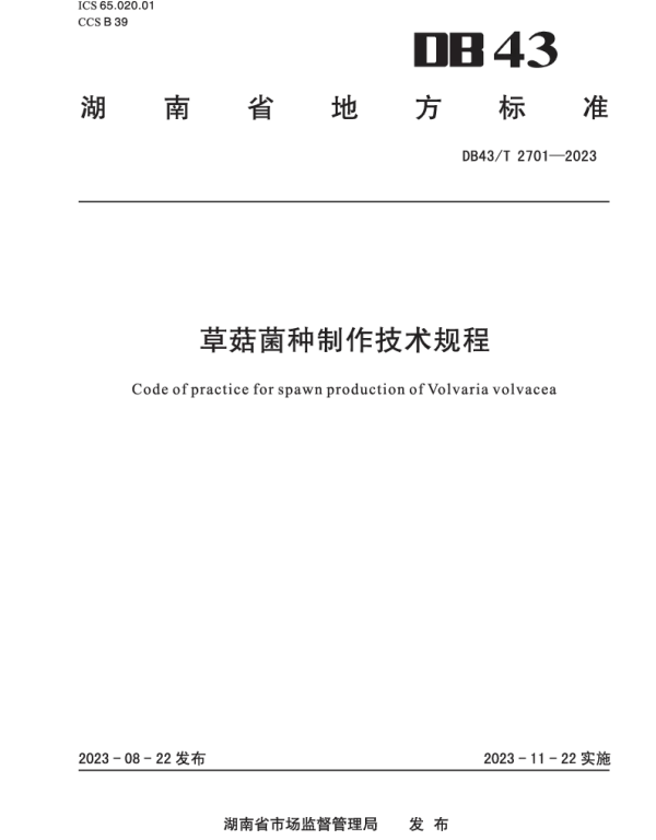 DB43T 2701-2023 草菇菌种制作技术规程