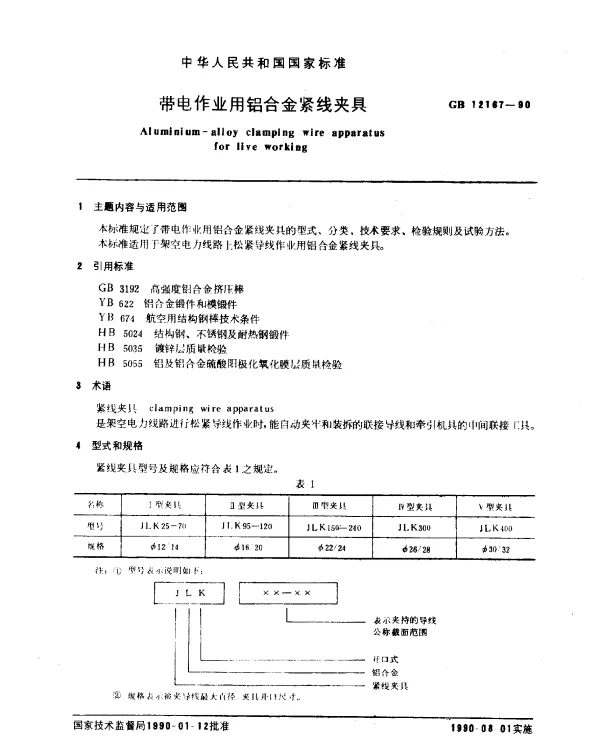 GB 12167-1990 带电作业用铝合金紧线夹具