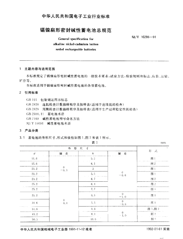 SJT 10286-1991 镉镍扁形密封碱性蓄电池总规范