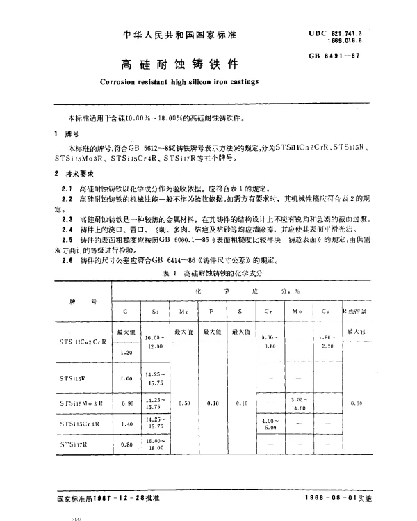 GB 8491-1987 高硅耐蚀铸铁件