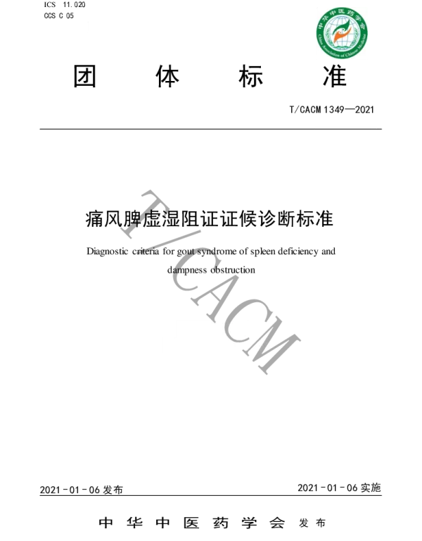 TCACM 1349-2021 痛风脾虚湿阻证证候诊断标准