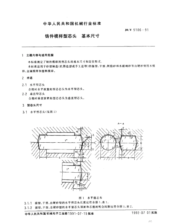 JBT 5106-1991 铸件模样型芯头.基本尺寸(报批稿)