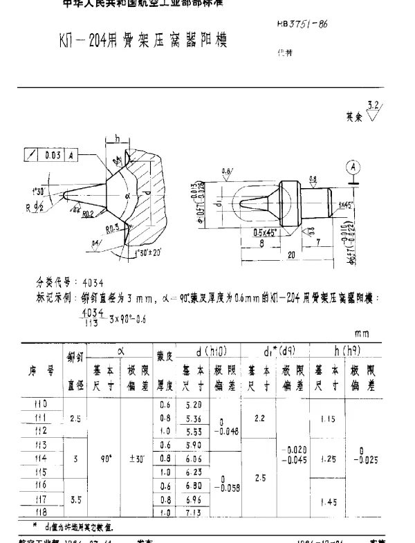 HB 3751-1986 KΠ-204用骨架压窝器阳模