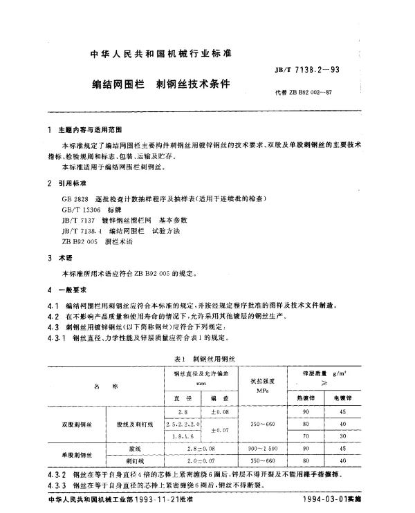 JBT 7138.2-1993 编结网围栏.刺钢丝技术条件