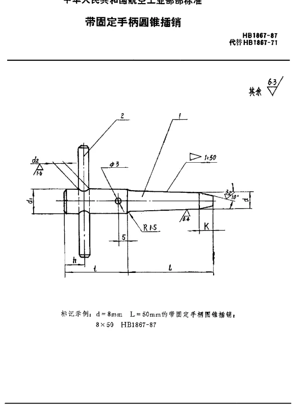 HB 1867-1987 带固定手柄圆锥插销