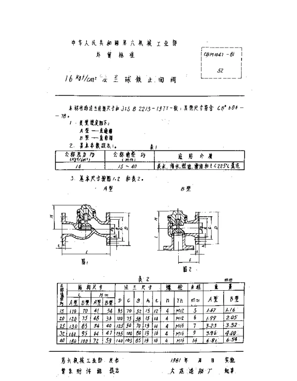 CBM 1047-1981 16kgfcm2法兰球铁止回阀