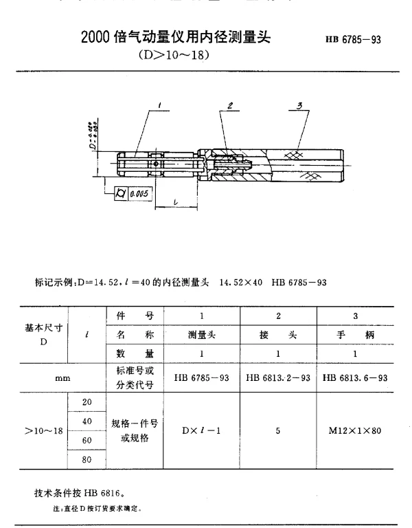 HB 6785-1993 2000倍气动量仪用内径测量头(D10~18)