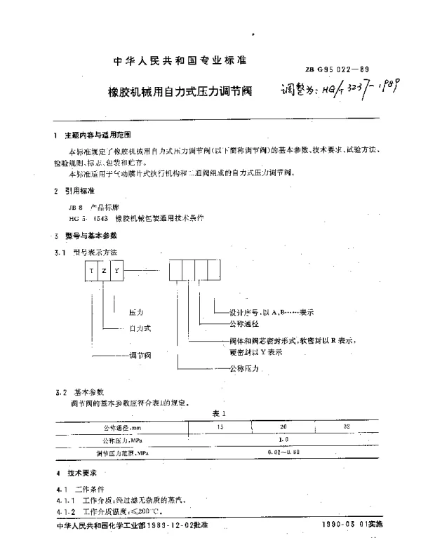 HGT 3237-1989 橡胶机械用自力式压力调节阀