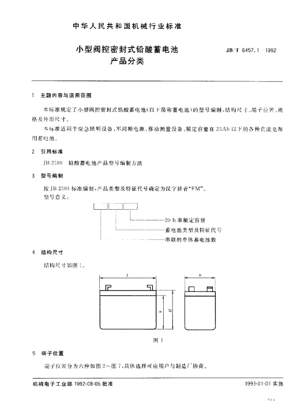 JBT 6457.1-1992 小型阀控密封式铅酸蓄电池.产品分类