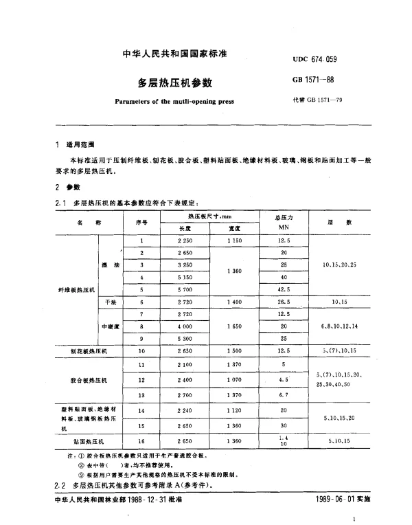 GB 1571-1988 多层热压机参数