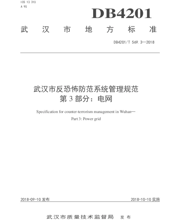 DB4201T 569.3-2018 武汉市反恐怖防范系统管理规范  第3部分:电网