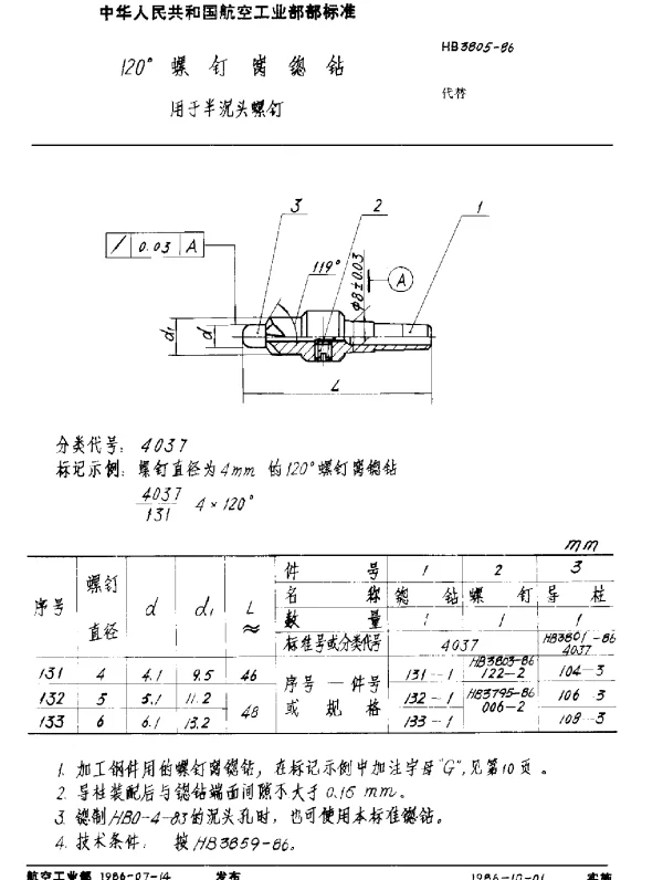 HB 3805-1986 120°螺钉窝锪钻 用于半沉头螺钉