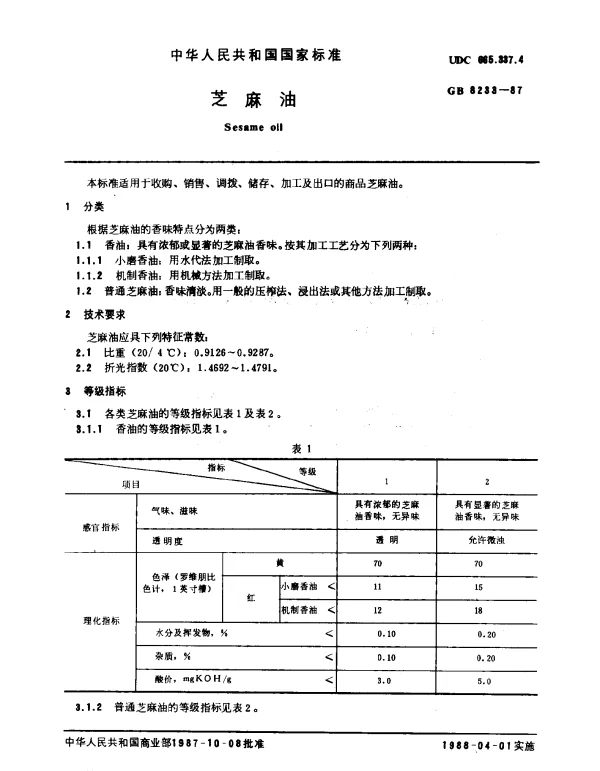 GB 8233-1987 芝麻油