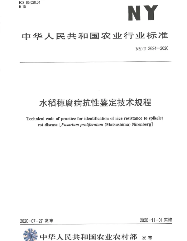NYT 3624-2020 水稻穗腐病抗性鉴定技术规程