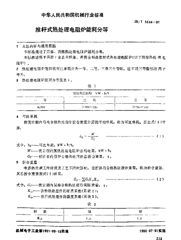 JBT 5644-1991 推杆式热处理电阻炉 能耗分等
