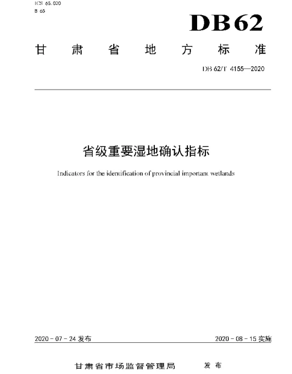 DB62T 4155-2020 省级重要湿地确认指标